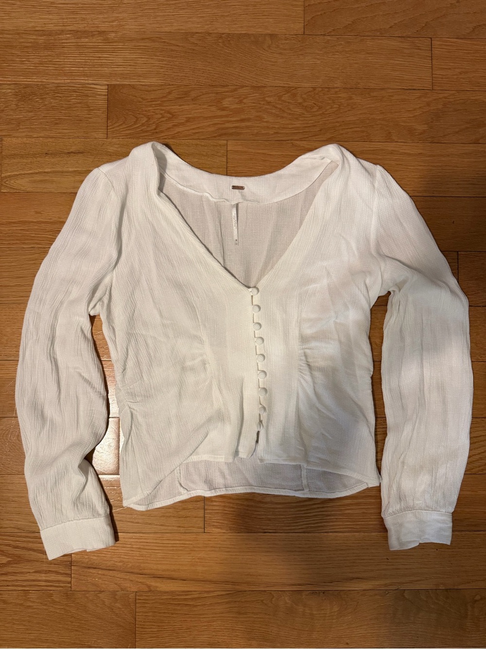 Free People Cream Button-Front Textured V-Neck Blouse